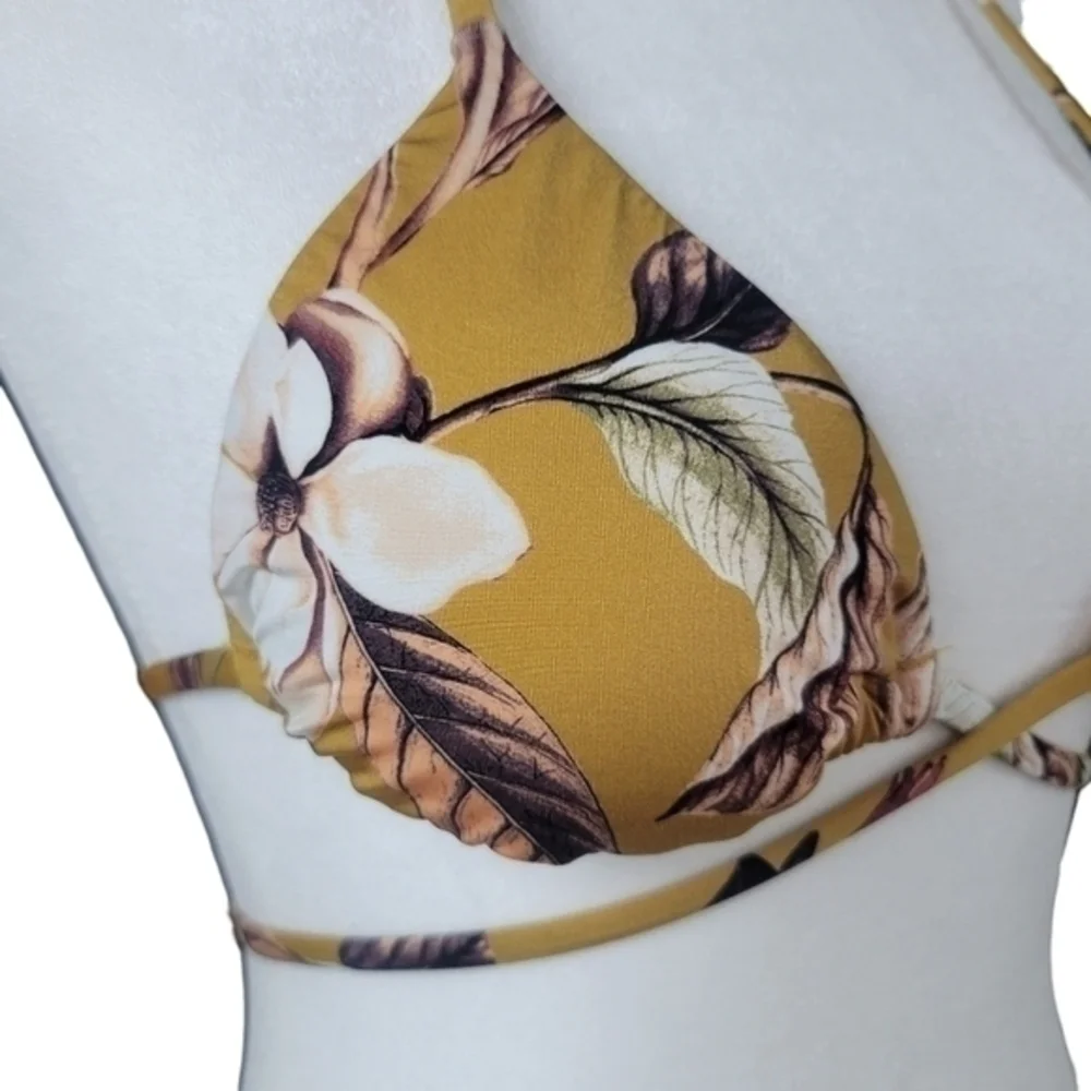 BCBG‎ MAXAZRIA Bikini Bra Top Size 2 Gold Strappy Halter Tri Tie Floral Swimsuit